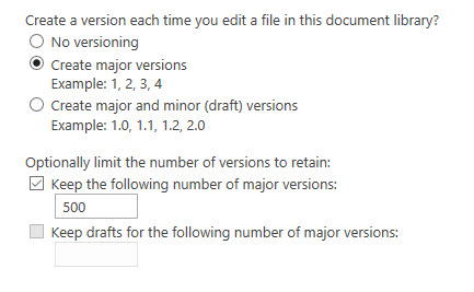 Document library default versioning settings